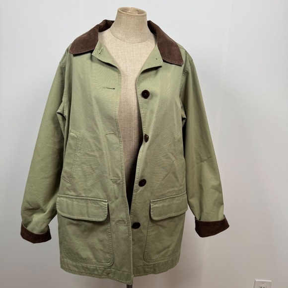 VTG LL Bean Women M Utility Field Barn Jacket Green Canvas Corduroy Chore Coat - Picture 8 of 16